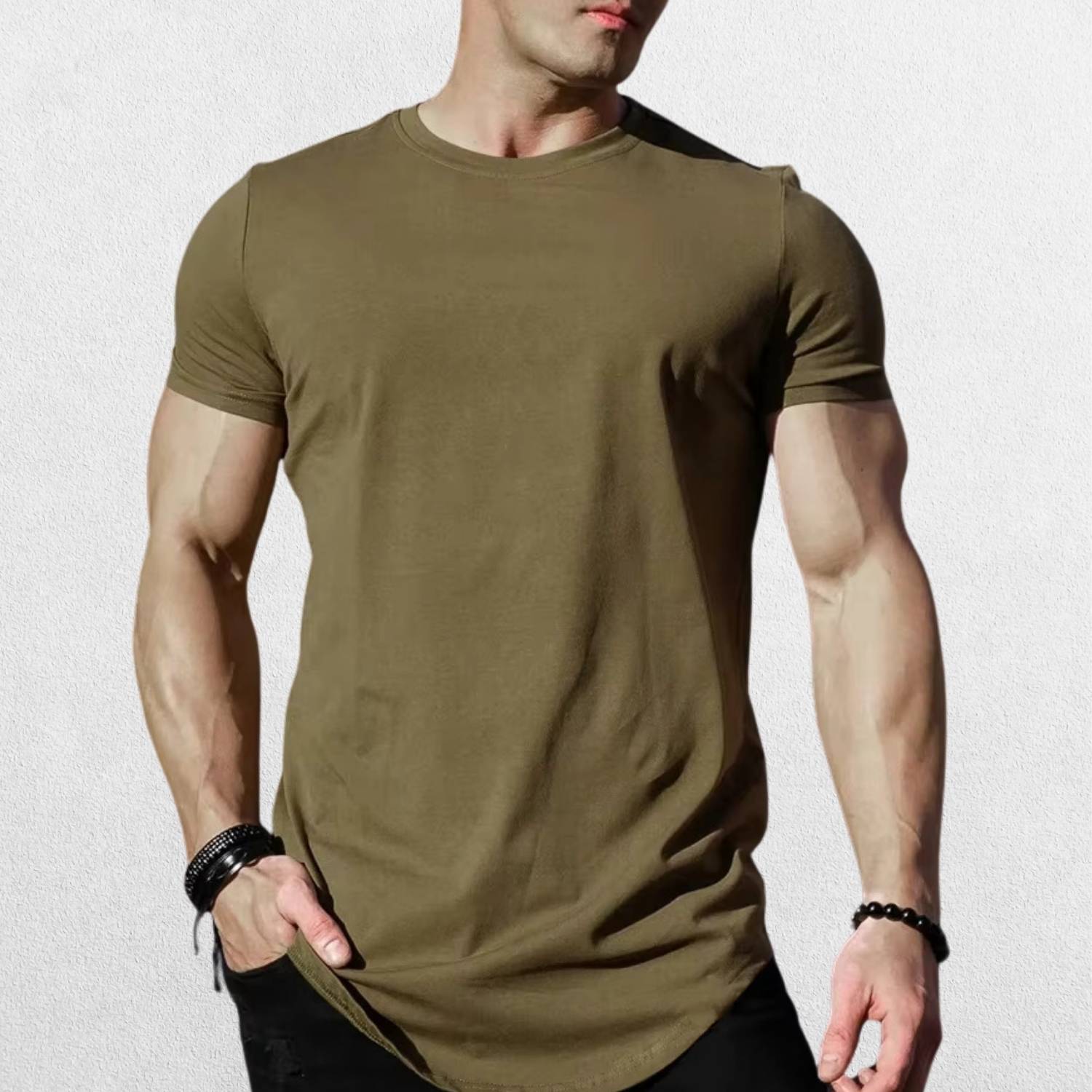 Men's Premium Athleisure Short Sleeve Gym Top in Army Green, showcasing lightweight, breathable cotton fabric for workouts and casual wear.