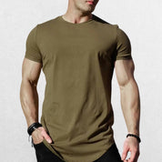 Men's Premium Athleisure Short Sleeve Gym Top in Army Green, showcasing lightweight, breathable cotton fabric for workouts and casual wear.