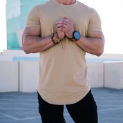 Khaki Men's Gym Top showcased in a versatile lifestyle look.