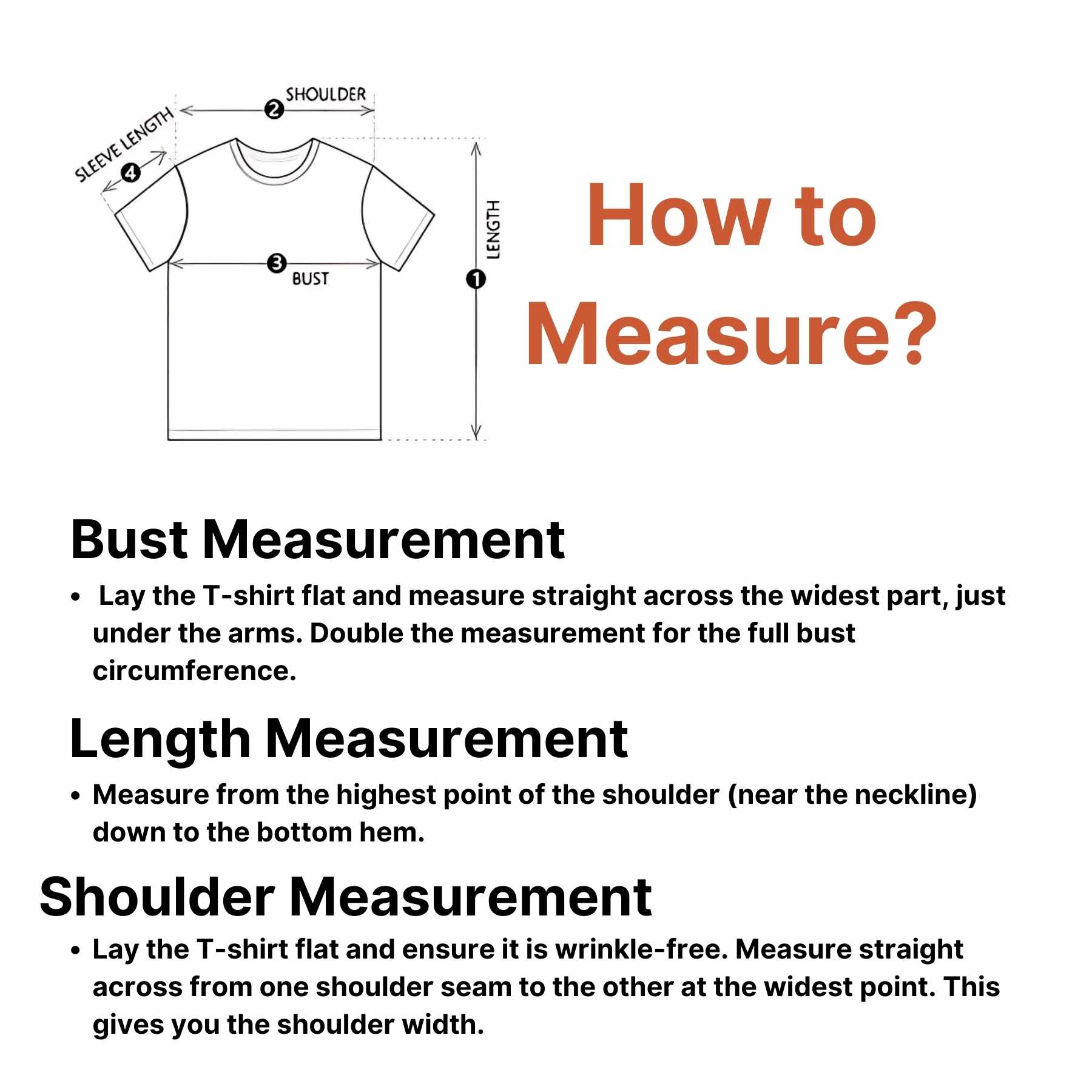 Guide on how to measure bust, length, and shoulders for men's shirts.