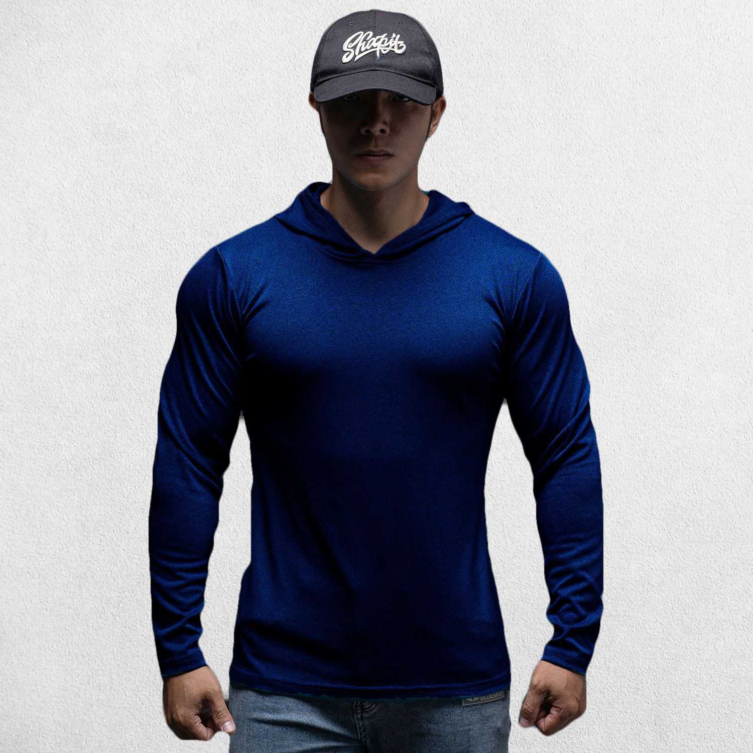 Model wearing Navy Blue Athletic Fit Fitness Hoodie Top For Running, Bodybuilding, and Fitness