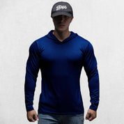 Model wearing Navy Blue Athletic Fit Fitness Hoodie Top For Running, Bodybuilding, and Fitness