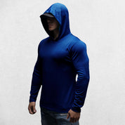 Model wearing Navy Blue Athletic Fit Fitness Hoodie Top For Running, Bodybuilding, and Fitness