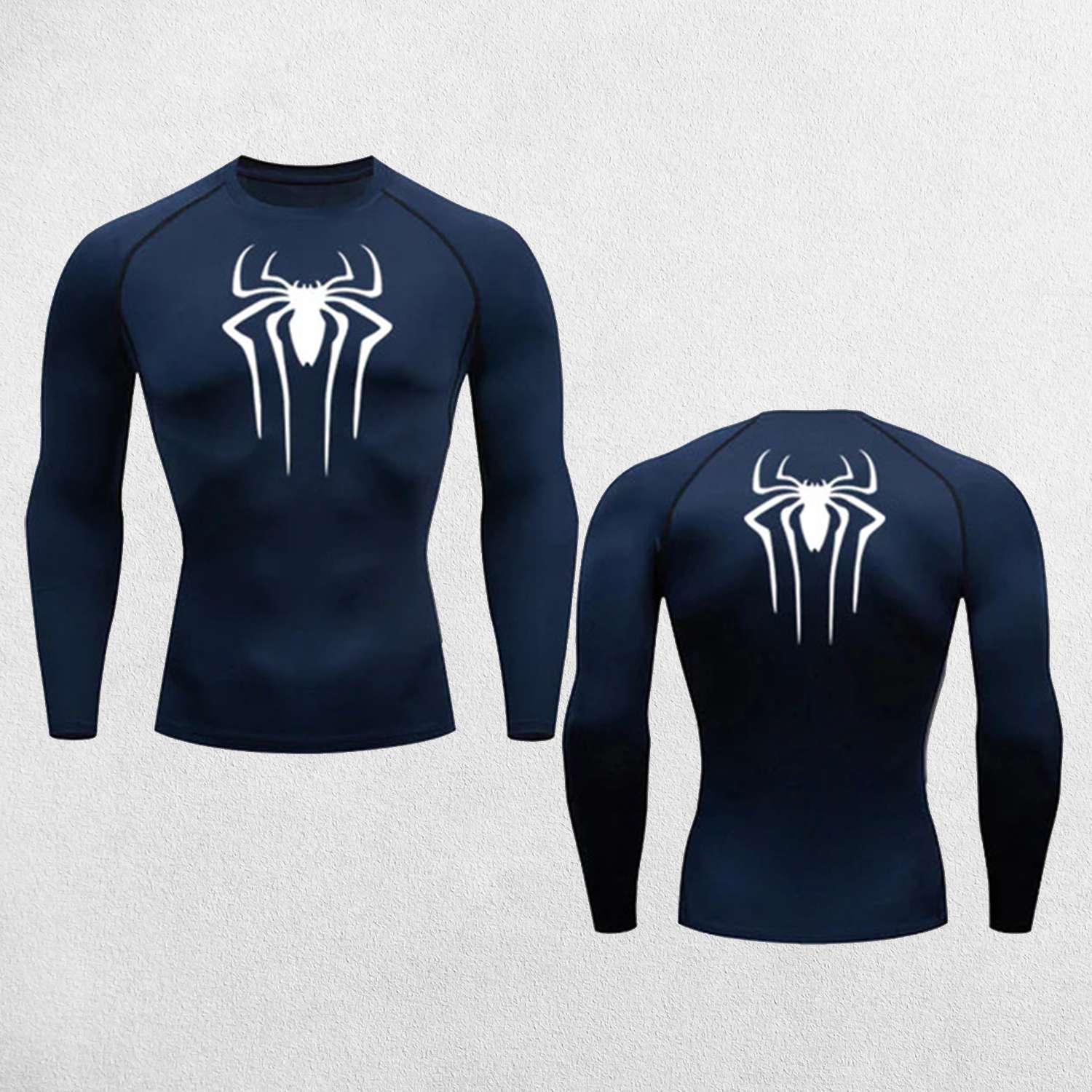 Front And Back Close Up of Navy Blue GPW Men's Spider Print Compression Tee - Athletic Quick Dry Workout Shirt