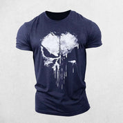 Front View of  Navy Blue Men's Stylish O-Neck Short Sleeve Gym T-shirt with 3D Punisher Skull Print Design