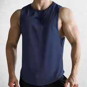Model wearing navy Quick-Dry Sleeveless Gym Shirt for Fitness & Training