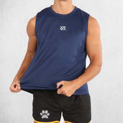 Front view of NAvy breathable mesh gym tank showcasing lightweight design