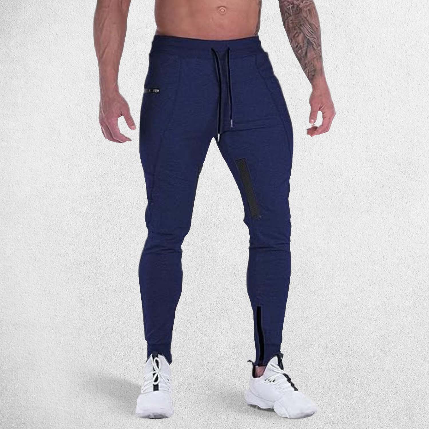 Model weairng Slim fit NAvy GPW trousers showcasing streamlined athletic design