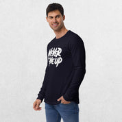 Model wearing the Navy GPW Never Give Up Shirt styled with jeans.