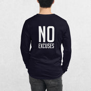 Back view of the Navy GPW No Excuses Printed Unisex Long Sleeve Tee with motivational print.