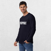 Model wearing the Navy GPW Unisex Long Sleeve Tee with Unstoppable Design with jeans.