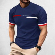 Front View of Model Wearing Navy Men’s 3D Striped Letter Print Oversized T-Shirt – Casual Streetwear Hip-Hop Tee