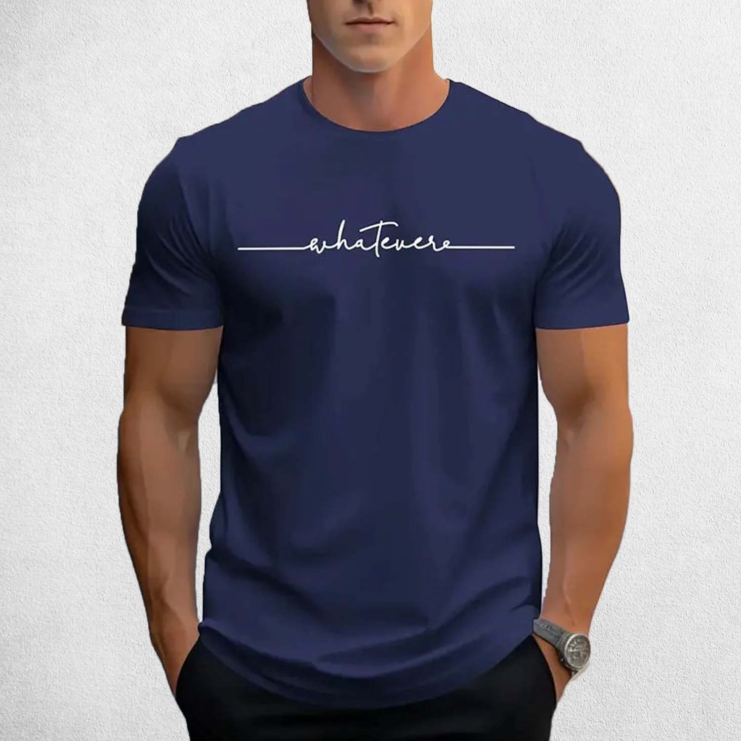 Front View of Model Wearing Navy Men’s Letter Print Round Neck T-Shirt – Casual Breathable Summer Short-Sleeve Tee