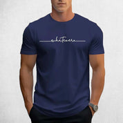 Front View of Model Wearing Navy Men’s Letter Print Round Neck T-Shirt – Casual Breathable Summer Short-Sleeve Tee