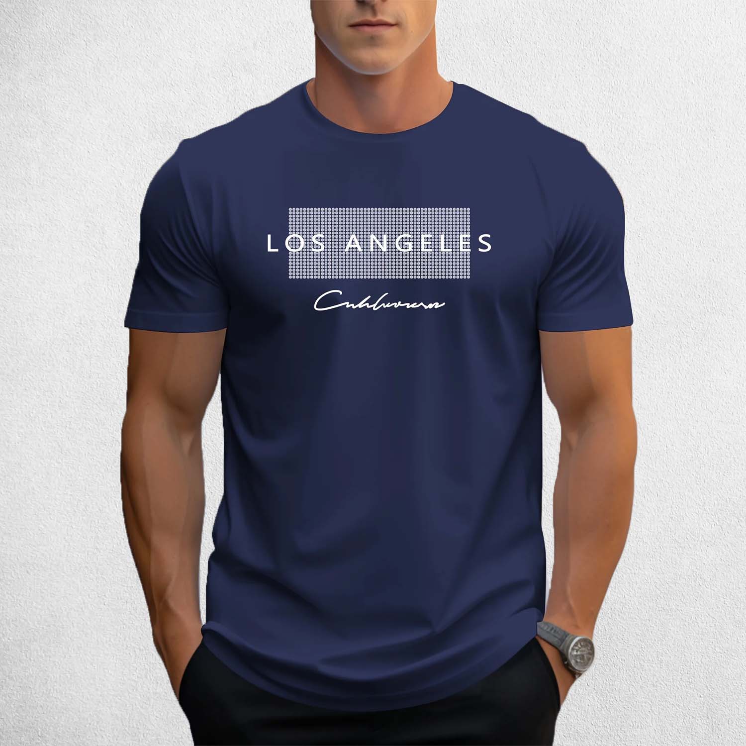 Front view of Navy men’s Los Angeles graphic cotton t-shirt