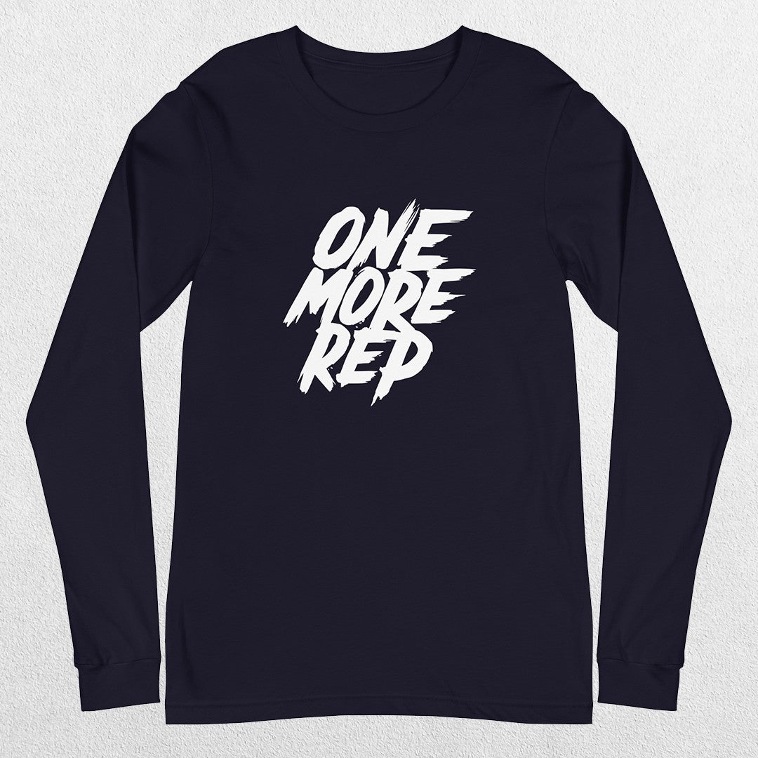 Navy One More Rep High-Performance Long Sleeve Tee – Unisex Gym Wear a studio background.