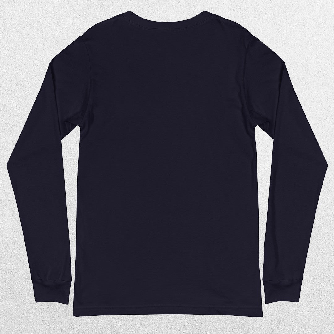 Close up of Navy One More Rep High-Performance Long Sleeve Tee – Unisex Gym Wear a studio background.