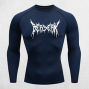 Close-up of Navy Quick Dry Rash Guard highlighting Berserk print and ergonomic fit.