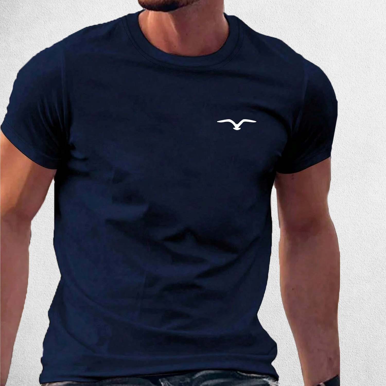 Front View of Model Wearing Navy Seagull Men's Luxury Cotton T-Shirt – Casual Streetwear, Big Size, Premium Comfort