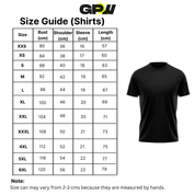 Size guide for shirts with a black t-shirt on a white background