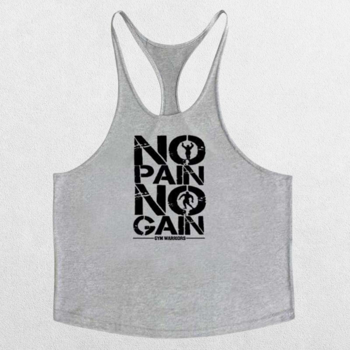 Flat-lay of No Pain No Gain Men’s Gym Vest in grey with bold lettering on a neutral grey studio backdrop.