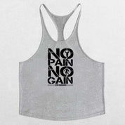 Flat-lay of No Pain No Gain Men’s Gym Vest in grey with bold lettering on a neutral grey studio backdrop.