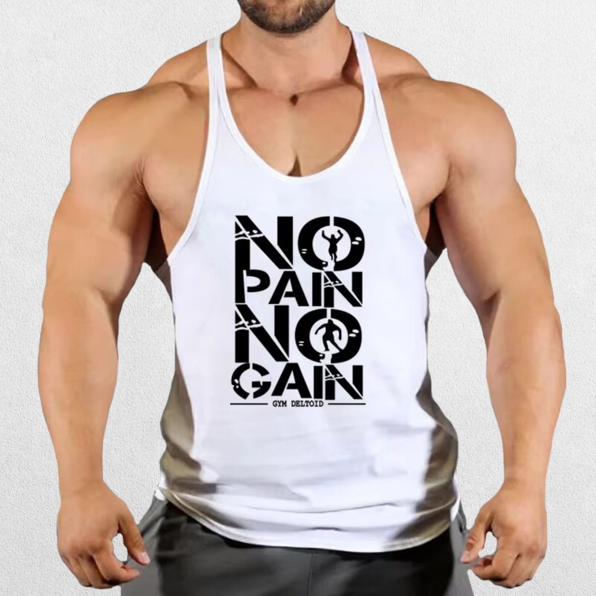 Model wearing No Pain No Gain Men’s Gym Vest in white, showcasing bold graphic design and athletic fit.