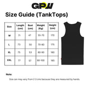 Size chart for No Pain No Gain Men’s Gym Vest, detailing chest, waist, and length measurements for accurate fit.