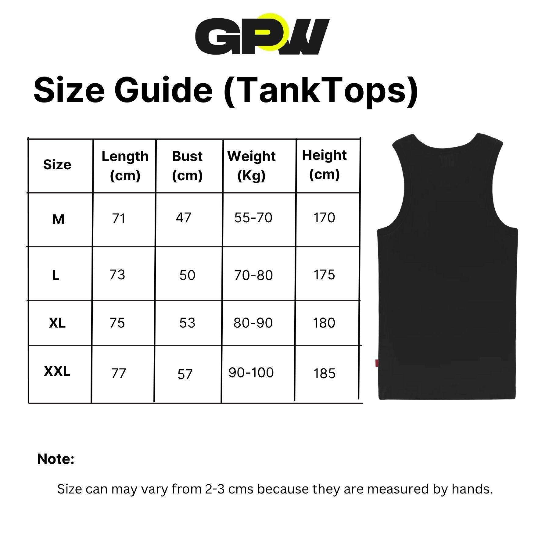 Size chart for No Pain No Gain Men’s Gym Vest, detailing chest, waist, and length measurements for accurate fit.