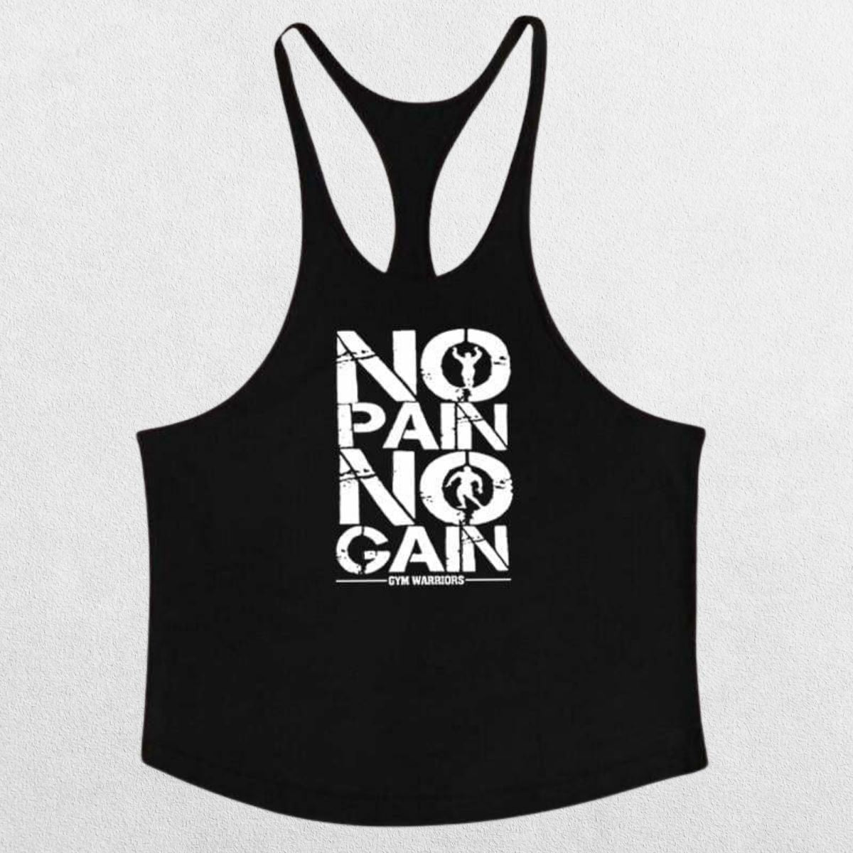 No Pain No Gain Men’s Gym Vest in black on a minimalist grey studio background, showcasing athletic fit and bold design.