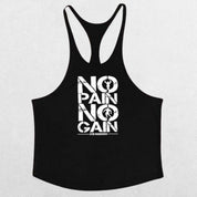 No Pain No Gain Men’s Gym Vest in black on a minimalist grey studio background, showcasing athletic fit and bold design.