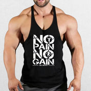 Model showcasing in No Pain No Gain Men’s Gym Vest in black, emphasizing durability and comfort.
