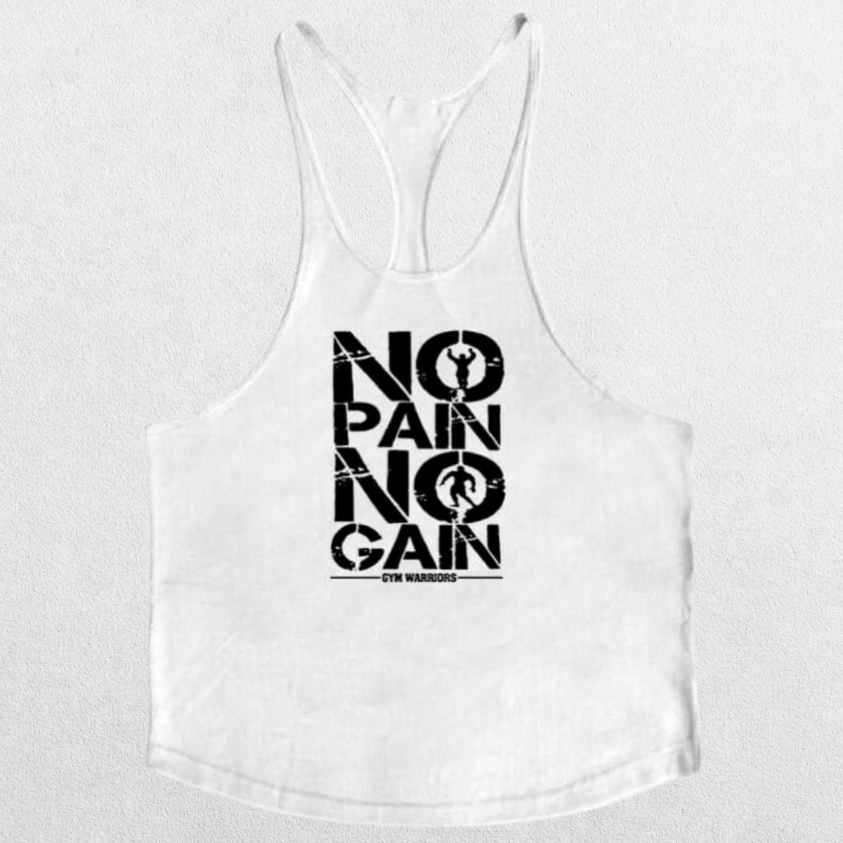 No Pain No Gain Men’s Gym Vest in white displayed on a clean grey studio background, highlighting the vintage graphic.