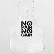 No Pain No Gain Men’s Gym Vest in white displayed on a clean grey studio background, highlighting the vintage graphic.