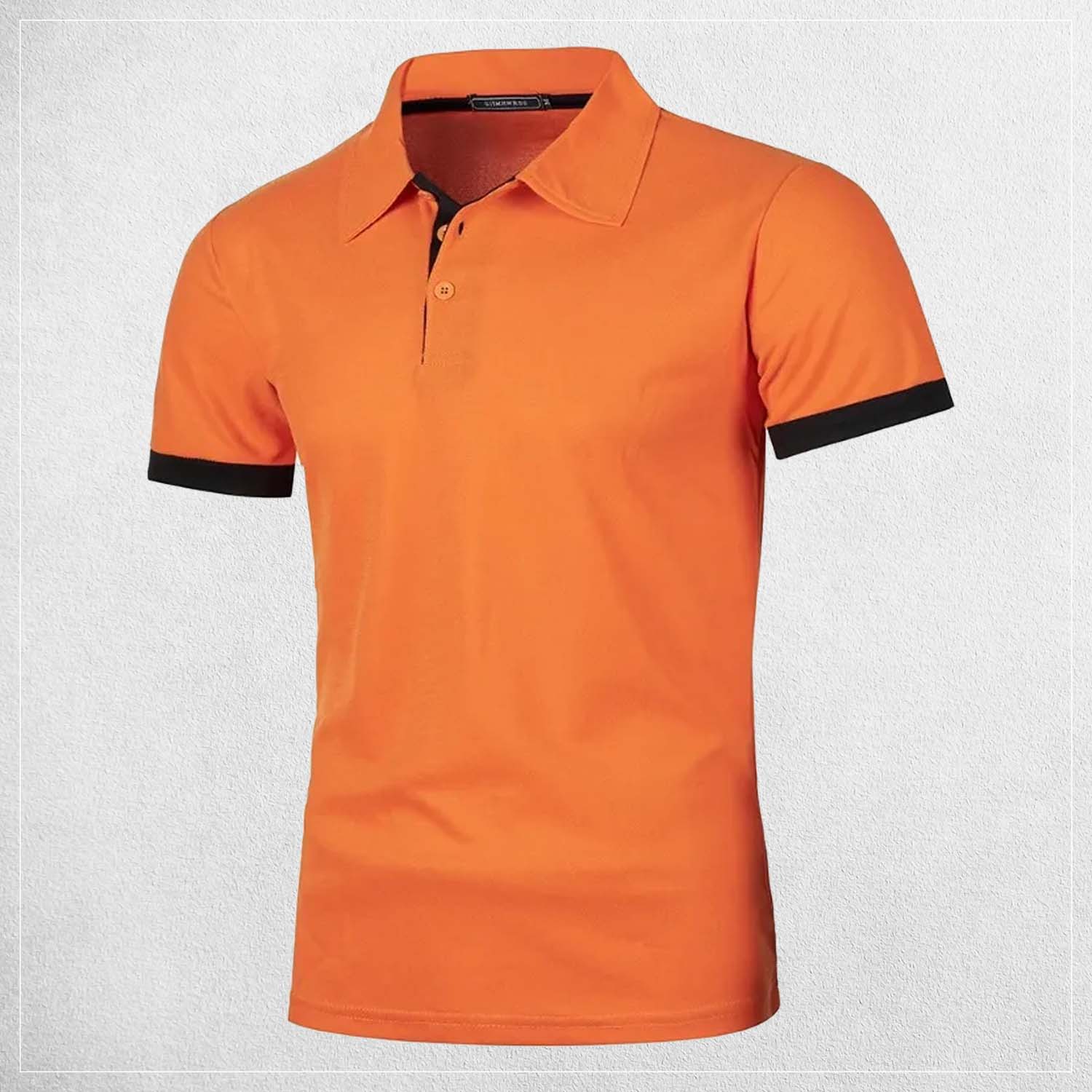 Front view of Orange Black men’s lightweight polo shirt in solid color