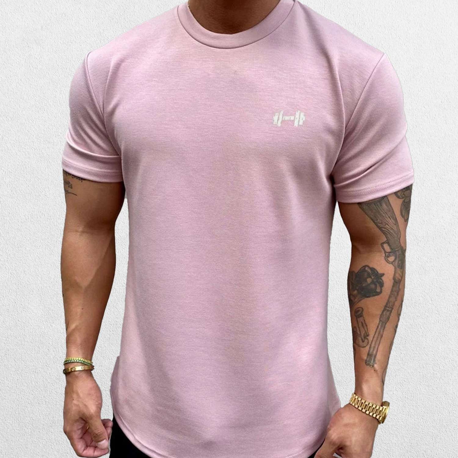 Close-up of Pink GPW Men's Fit Summer Gym T-Shirt - Bodybuilding Streetwear Tee in a studio background