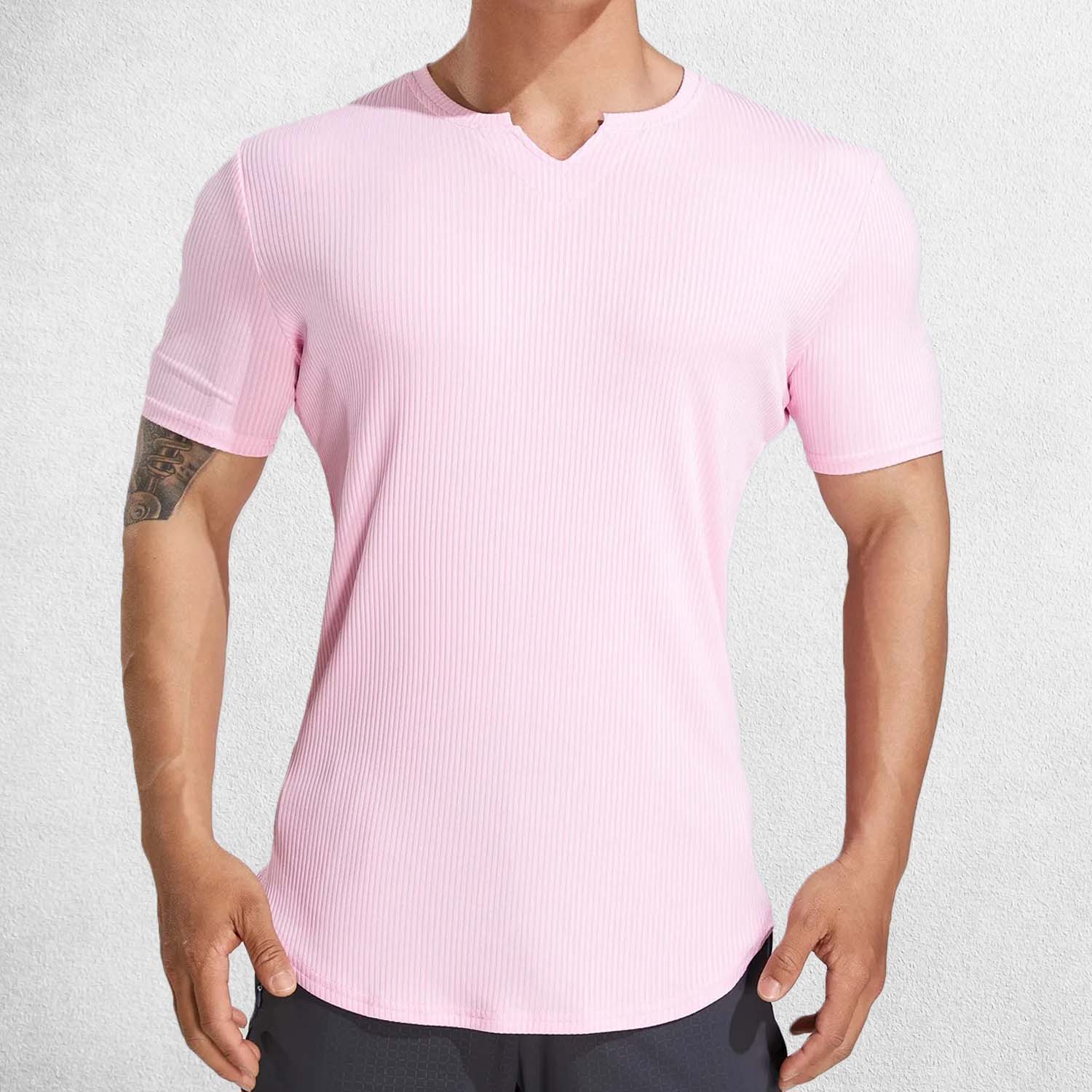 Pink Men’s Sport Semi-Tight Fitness T-Shirt – Front view showcasing stretchy fabric and V-neck design for basketball and running.