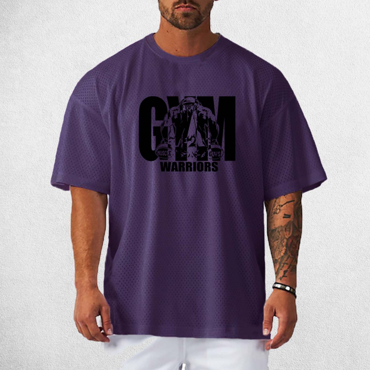 Front View of Model Wearing Purple Men's Oversized Gym T-Shirt – Breathable, Quick-Drying & Lightweight Training Tee
