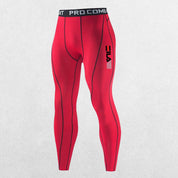 Red Reinforced stitching on durable GPW running leggings for men.