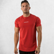 Front View of Model Wearing Red Gym Cotton T-Shirt for Men – Slim Fit, Short Sleeve, Workout & Bodybuilding Tee