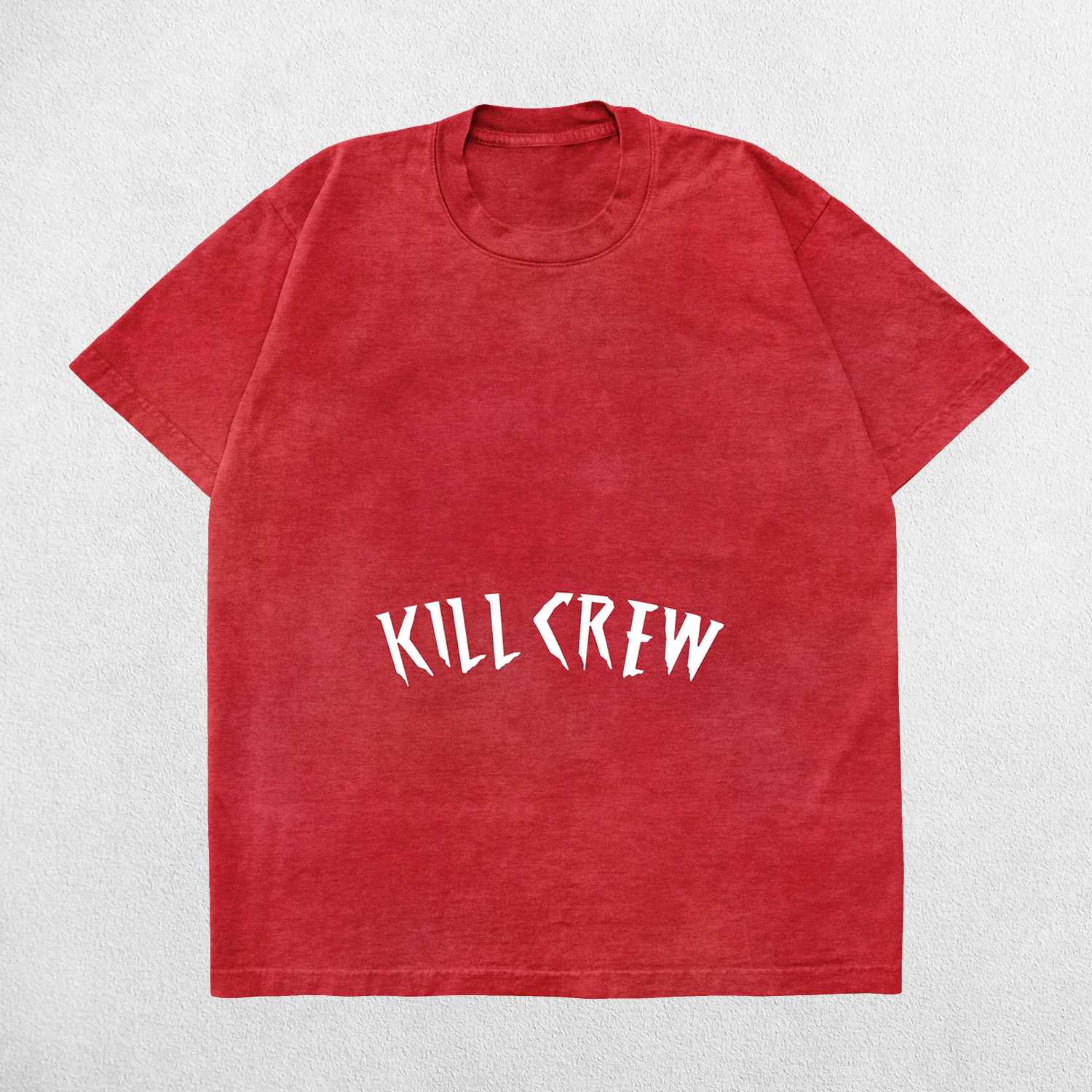 Red  Kill Crew Men’s Oversized Summer Gym Tee front view featuring acid-wash cotton design.