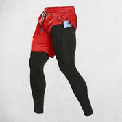 Side View of Red 2 in 1 trousers showing Elastic waistband and compression layer for maximum support