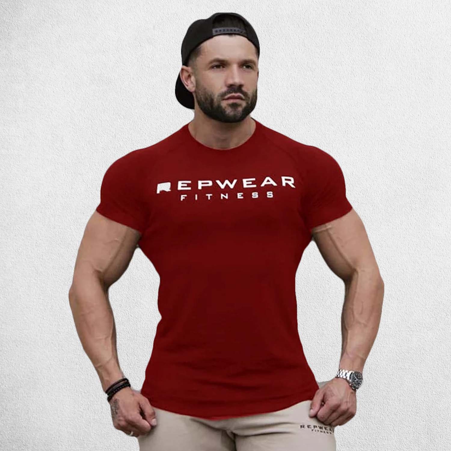Front Pose of Model wearing Red Men’s Athletic Fit Gym T-Shirt – Breathable Cotton Workout Shirt for Training & Casual Wear