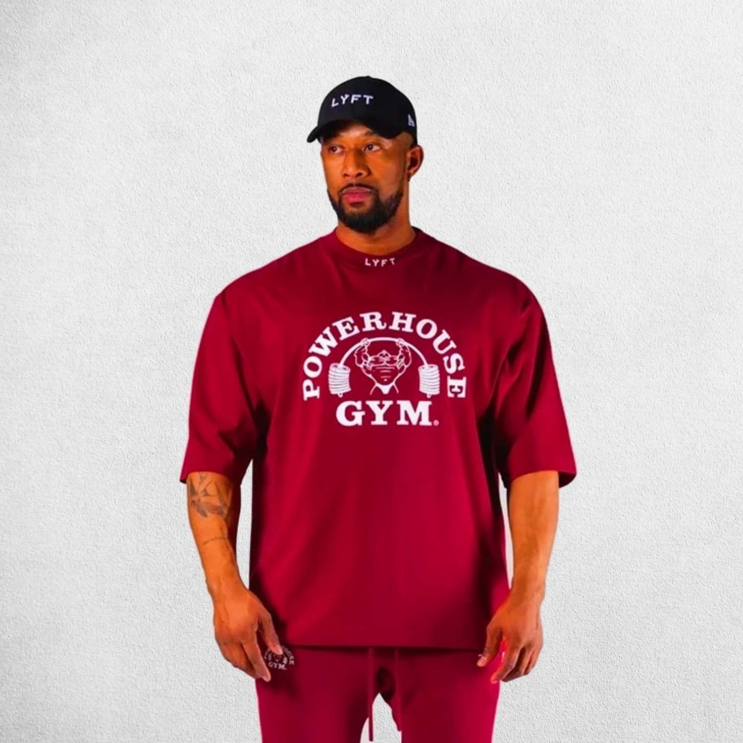 Front View of Model Wearing Red Men's Casual Loose Oversized Cotton Printed T-shirt – Breathable & Stylish Workout Tee