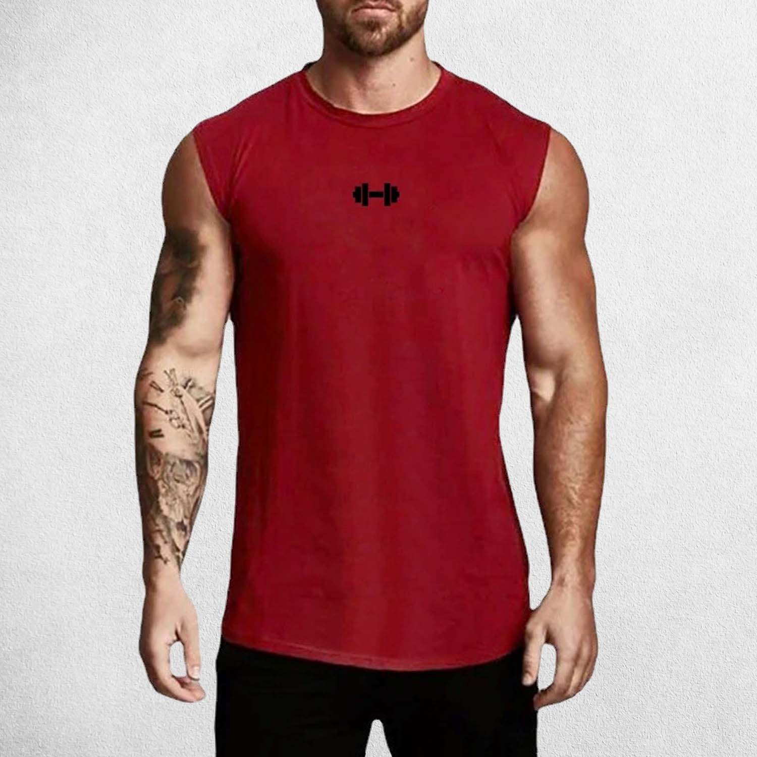 Front View of Model Wearing Red Men’s Compression Gym Tank Top – Sleeveless Cotton Muscle Vest for Fitness & Bodybuilding
