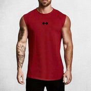 Front View of Model Wearing Red Men’s Compression Gym Tank Top – Sleeveless Cotton Muscle Vest for Fitness & Bodybuilding