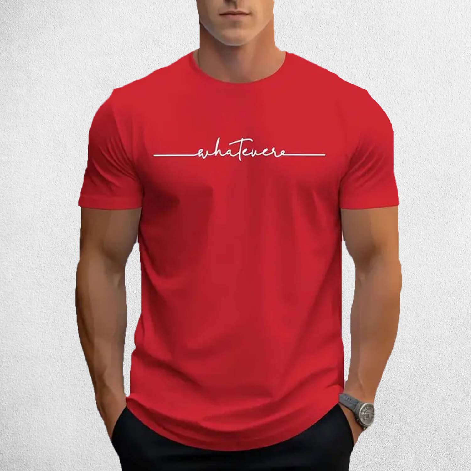 Front View of Model Wearing Red Men’s Letter Print Round Neck T-Shirt – Casual Breathable Summer Short-Sleeve Tee