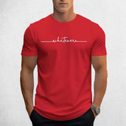 Front View of Model Wearing Red Men’s Letter Print Round Neck T-Shirt – Casual Breathable Summer Short-Sleeve Tee
