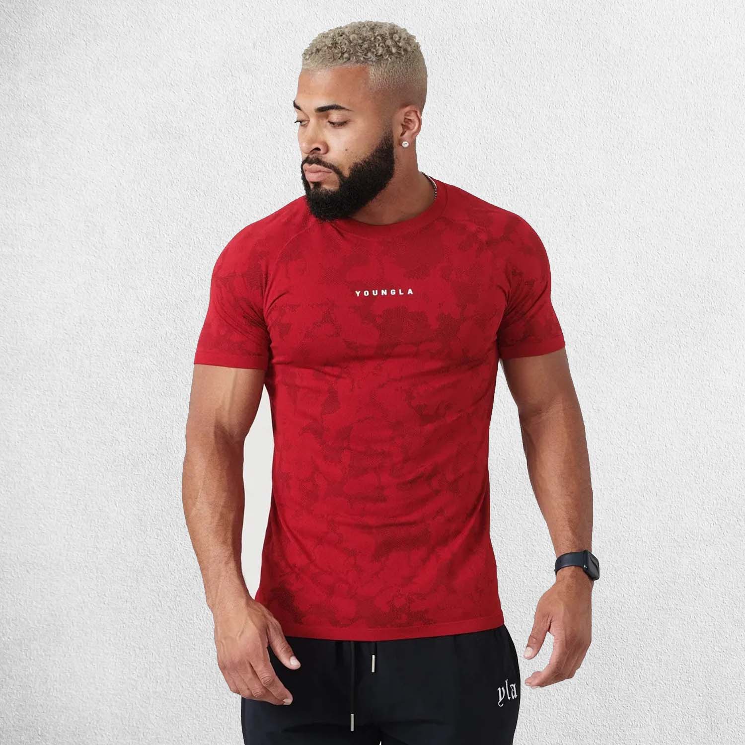 Front pose of model wearing Red Men’s Quick-Drying Gym Sports Fitness New Summer Compression T-Shirt