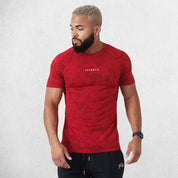 Front pose of model wearing Red Men’s Quick-Drying Gym Sports Fitness New Summer Compression T-Shirt